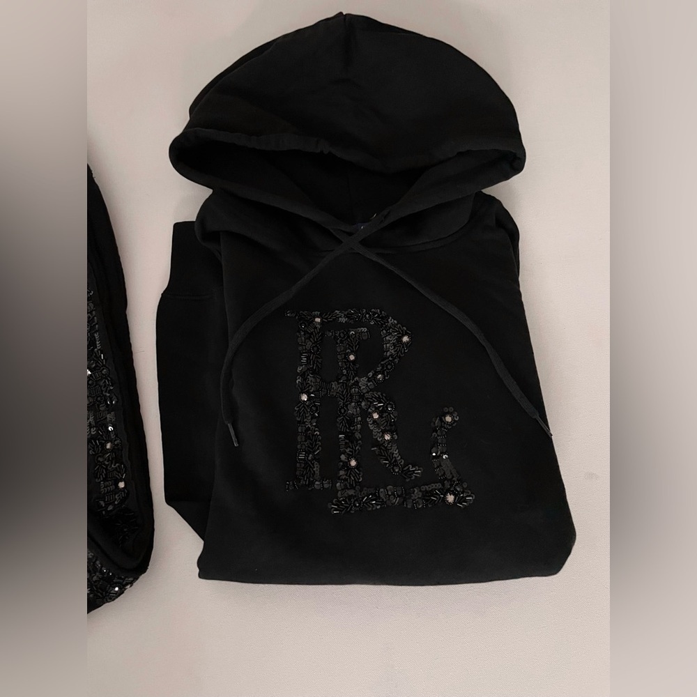 SET POLO RALPH LAUREN Embellished Logo French Terry Hoodie Jogger L Black bling - Picture 8 of 17